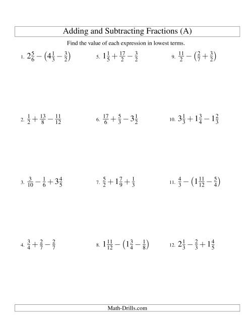 The Adding and Subtracting Fractions with Three Terms (A) Math Worksheet