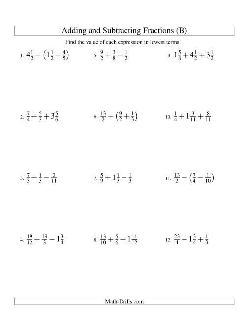 The Adding and Subtracting Fractions with Three Terms (B) Math Worksheet