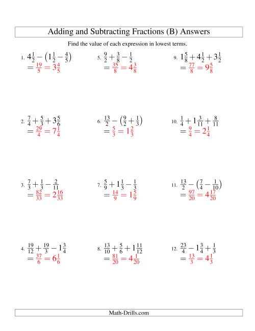 The Adding and Subtracting Fractions with Three Terms (B) Math Worksheet Page 2