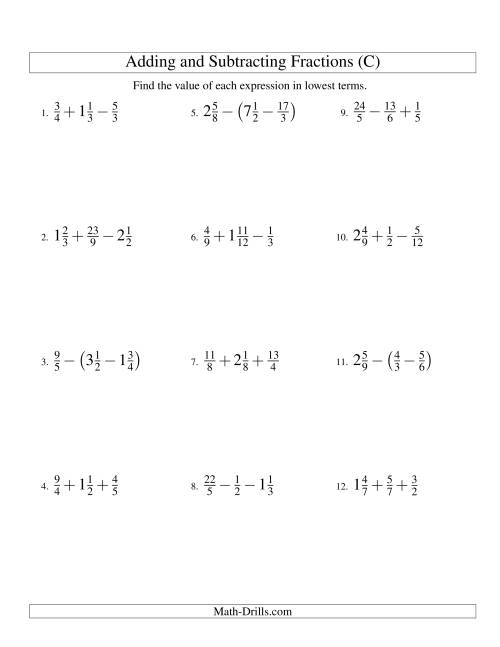 The Adding and Subtracting Fractions with Three Terms (C) Math Worksheet