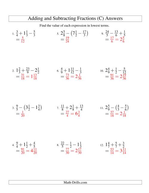 The Adding and Subtracting Fractions with Three Terms (C) Math Worksheet Page 2