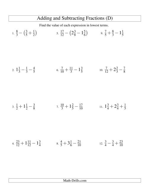 The Adding and Subtracting Fractions with Three Terms (D) Math Worksheet