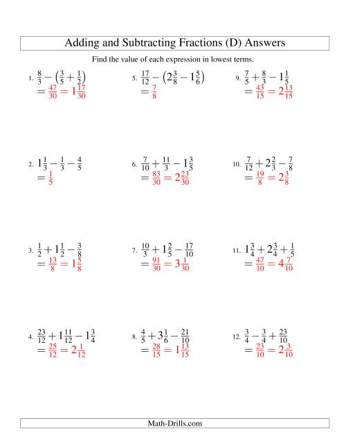 The Adding and Subtracting Fractions with Three Terms (D) Math Worksheet Page 2