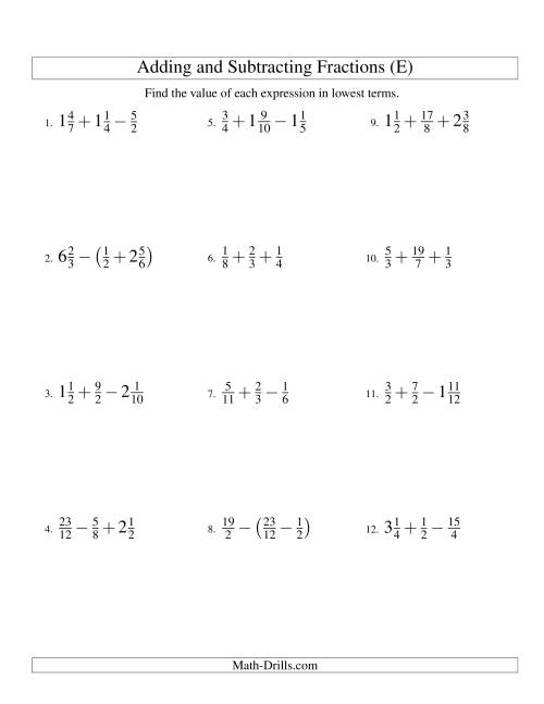 The Adding and Subtracting Fractions with Three Terms (E) Math Worksheet
