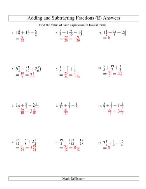 The Adding and Subtracting Fractions with Three Terms (E) Math Worksheet Page 2