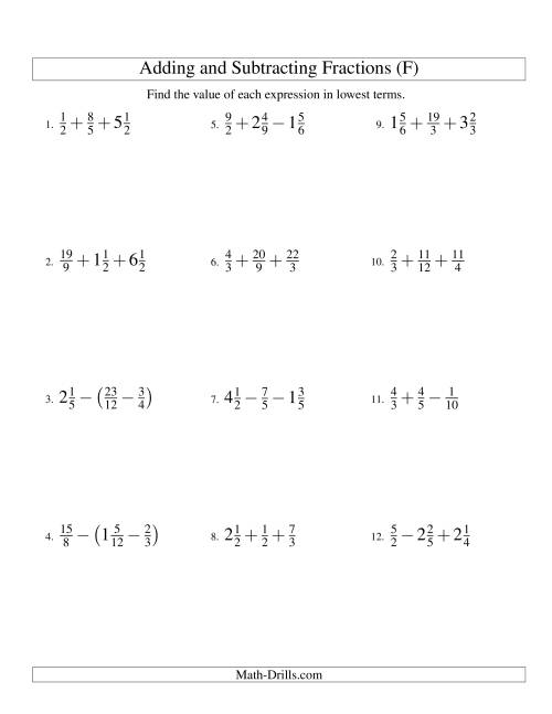 The Adding and Subtracting Fractions with Three Terms (F) Math Worksheet