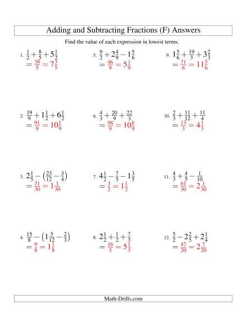 The Adding and Subtracting Fractions with Three Terms (F) Math Worksheet Page 2