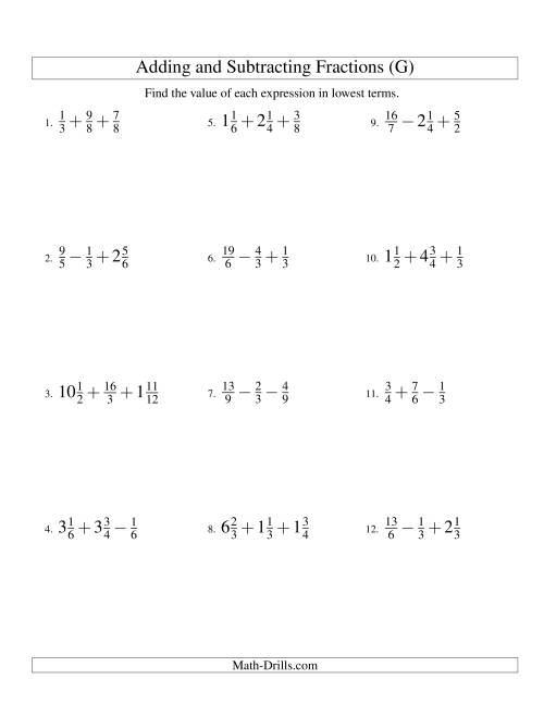 The Adding and Subtracting Fractions with Three Terms (G) Math Worksheet