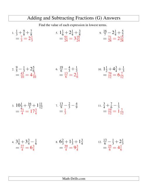 The Adding and Subtracting Fractions with Three Terms (G) Math Worksheet Page 2