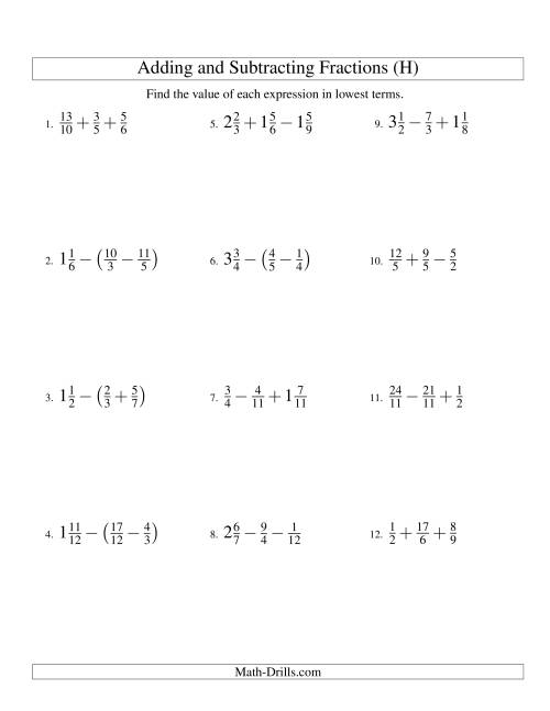 The Adding and Subtracting Fractions with Three Terms (H) Math Worksheet