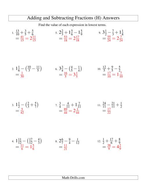 The Adding and Subtracting Fractions with Three Terms (H) Math Worksheet Page 2