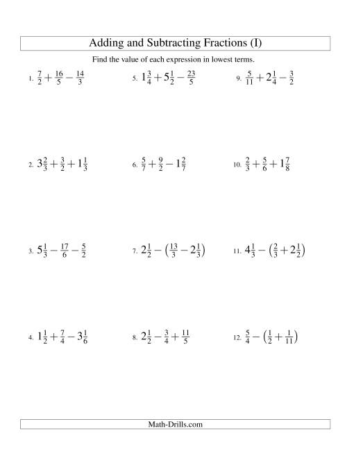 The Adding and Subtracting Fractions with Three Terms (I) Math Worksheet