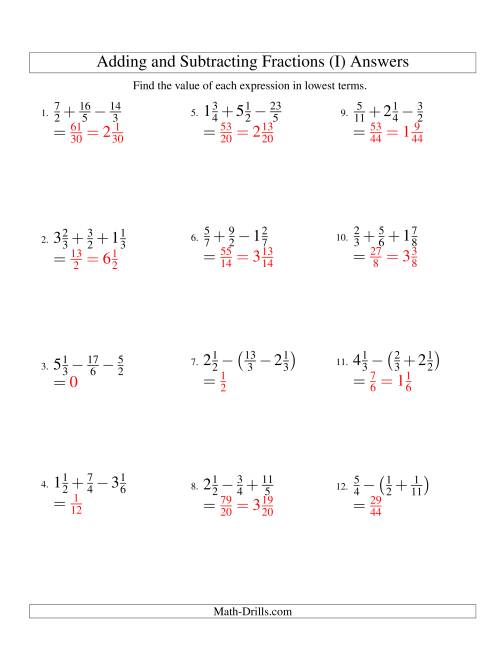 The Adding and Subtracting Fractions with Three Terms (I) Math Worksheet Page 2