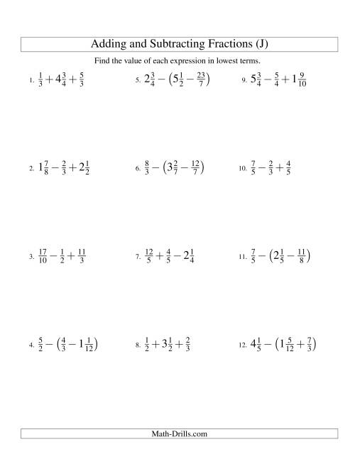 The Adding and Subtracting Fractions with Three Terms (J) Math Worksheet