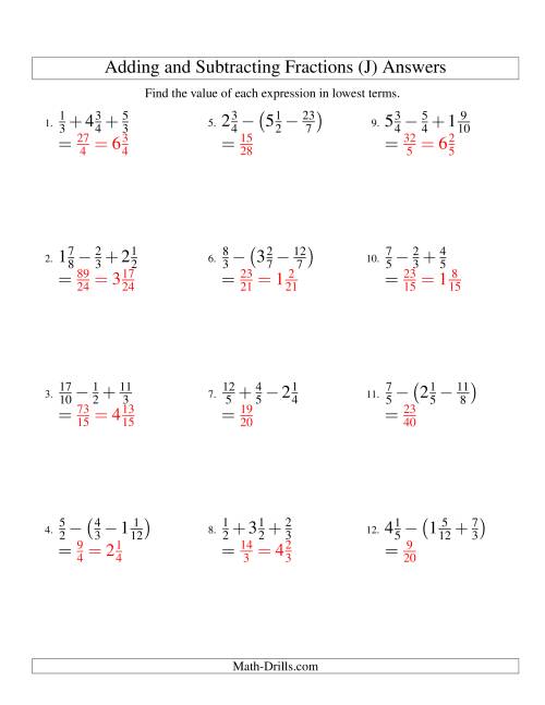 The Adding and Subtracting Fractions with Three Terms (J) Math Worksheet Page 2