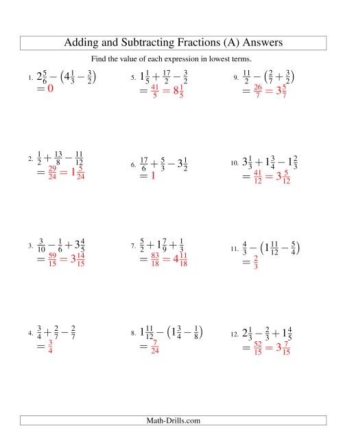The Adding and Subtracting Fractions with Three Terms (All) Math Worksheet Page 2
