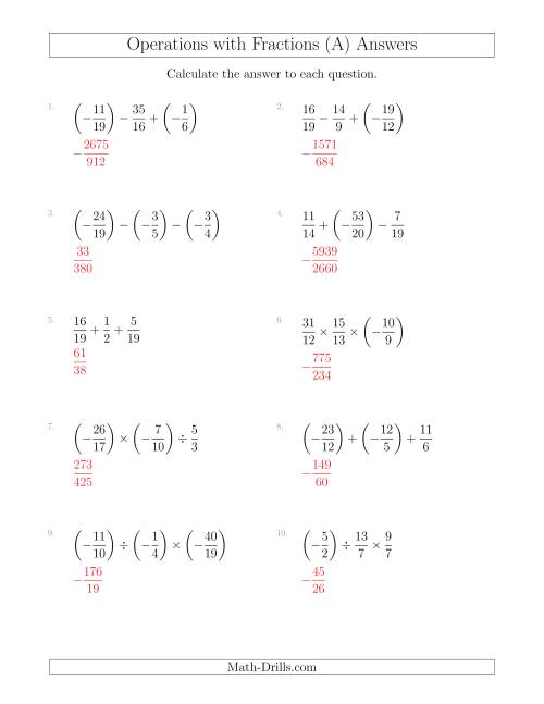 The Mixed Operations with Three Fractions Including Negatives and Improper Fractions (A) Math Worksheet Page 2