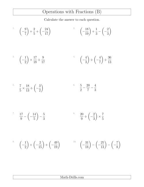The Mixed Operations with Three Fractions Including Negatives and Improper Fractions (B) Math Worksheet