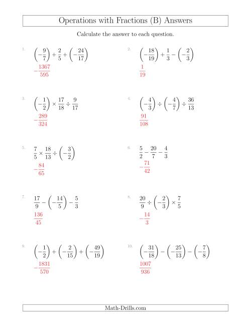 The Mixed Operations with Three Fractions Including Negatives and Improper Fractions (B) Math Worksheet Page 2