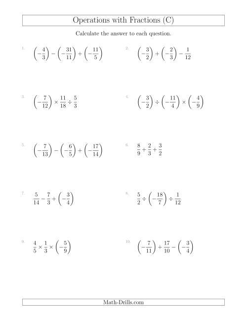 The Mixed Operations with Three Fractions Including Negatives and Improper Fractions (C) Math Worksheet