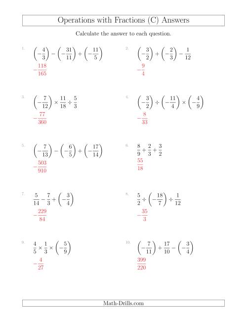 The Mixed Operations with Three Fractions Including Negatives and Improper Fractions (C) Math Worksheet Page 2