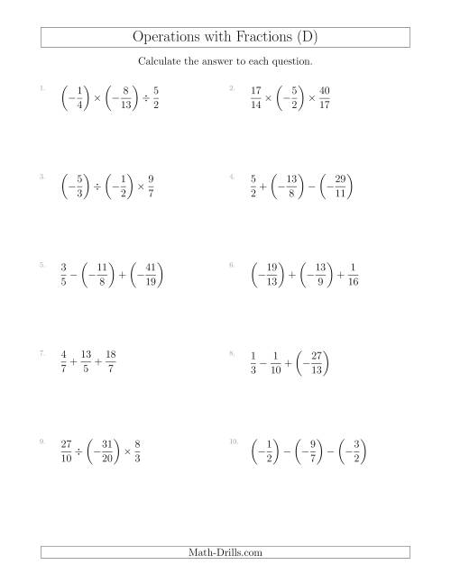 The Mixed Operations with Three Fractions Including Negatives and Improper Fractions (D) Math Worksheet
