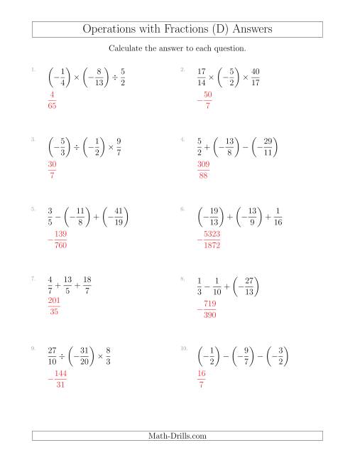 The Mixed Operations with Three Fractions Including Negatives and Improper Fractions (D) Math Worksheet Page 2