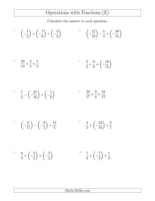 The Mixed Operations with Three Fractions Including Negatives and Improper Fractions (E) Math Worksheet