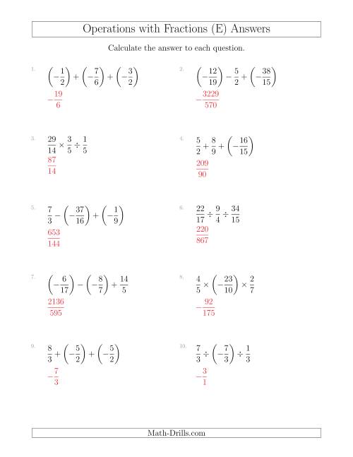The Mixed Operations with Three Fractions Including Negatives and Improper Fractions (E) Math Worksheet Page 2