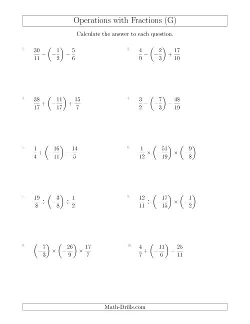 The Mixed Operations with Three Fractions Including Negatives and Improper Fractions (G) Math Worksheet