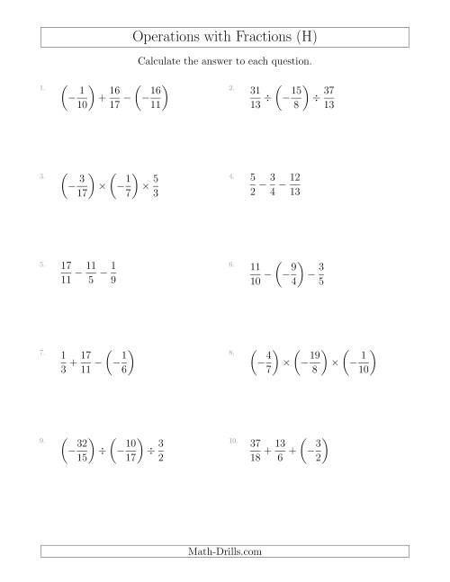The Mixed Operations with Three Fractions Including Negatives and Improper Fractions (H) Math Worksheet