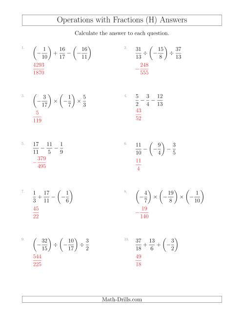 The Mixed Operations with Three Fractions Including Negatives and Improper Fractions (H) Math Worksheet Page 2