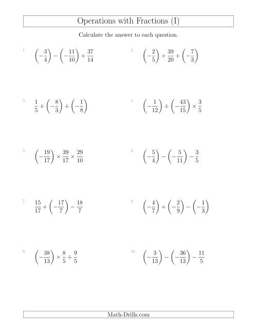 The Mixed Operations with Three Fractions Including Negatives and Improper Fractions (I) Math Worksheet