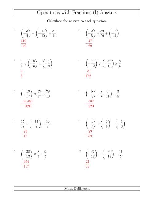 The Mixed Operations with Three Fractions Including Negatives and Improper Fractions (I) Math Worksheet Page 2
