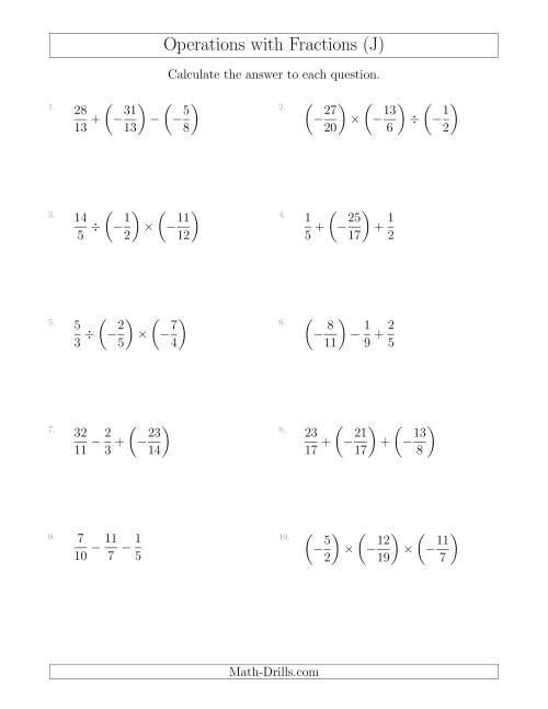 The Mixed Operations with Three Fractions Including Negatives and Improper Fractions (J) Math Worksheet