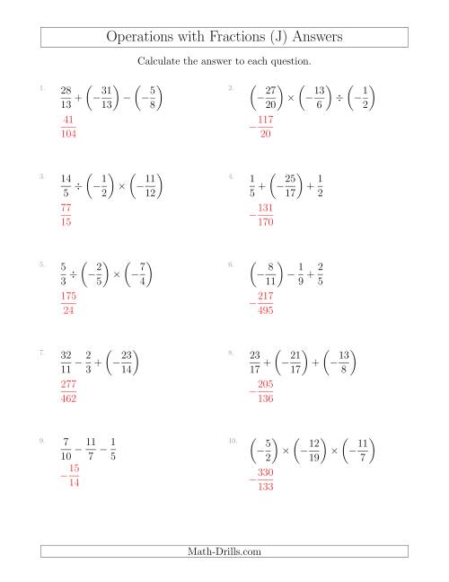 The Mixed Operations with Three Fractions Including Negatives and Improper Fractions (J) Math Worksheet Page 2