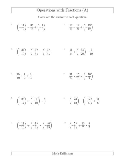 The Mixed Operations with Three Fractions Including Negatives and Improper Fractions (All) Math Worksheet