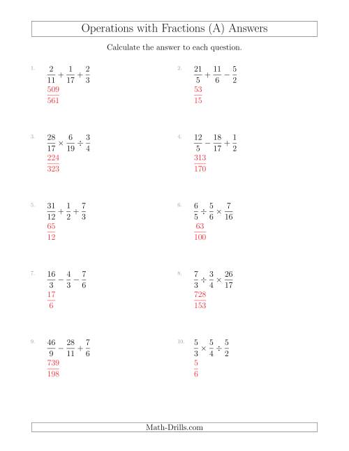The Mixed Operations with Three Fractions Including Improper Fractions (A) Math Worksheet Page 2