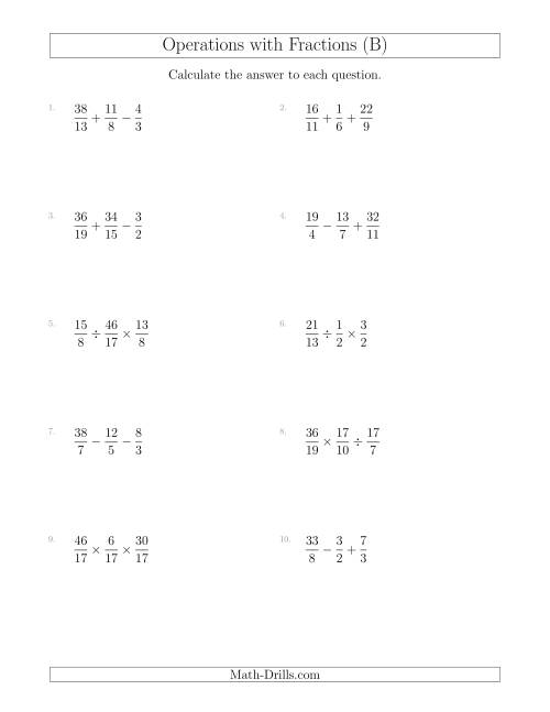 The Mixed Operations with Three Fractions Including Improper Fractions (B) Math Worksheet