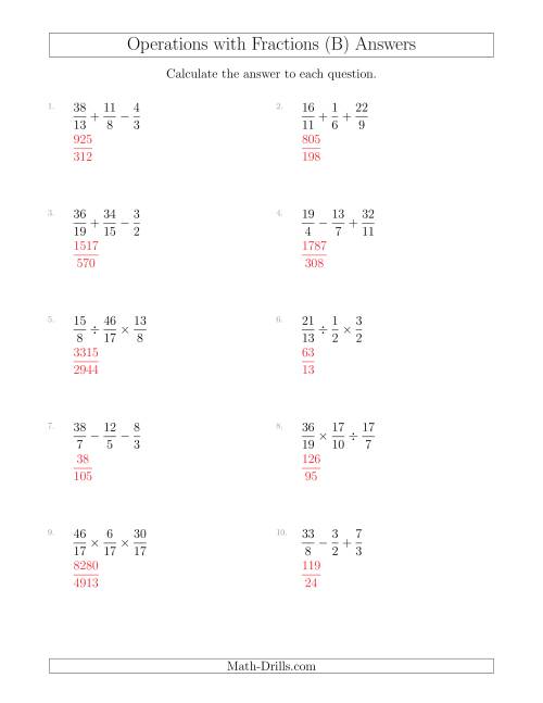 The Mixed Operations with Three Fractions Including Improper Fractions (B) Math Worksheet Page 2