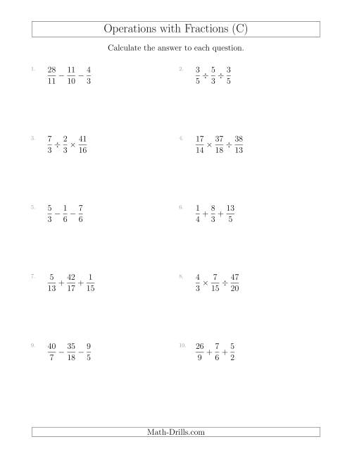 The Mixed Operations with Three Fractions Including Improper Fractions (C) Math Worksheet