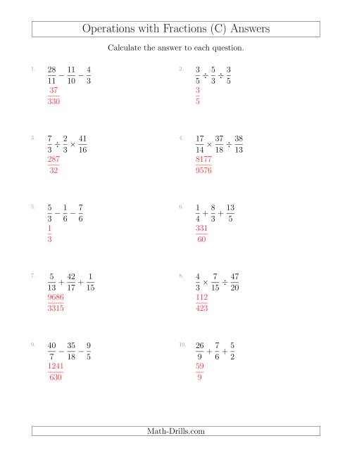 The Mixed Operations with Three Fractions Including Improper Fractions (C) Math Worksheet Page 2