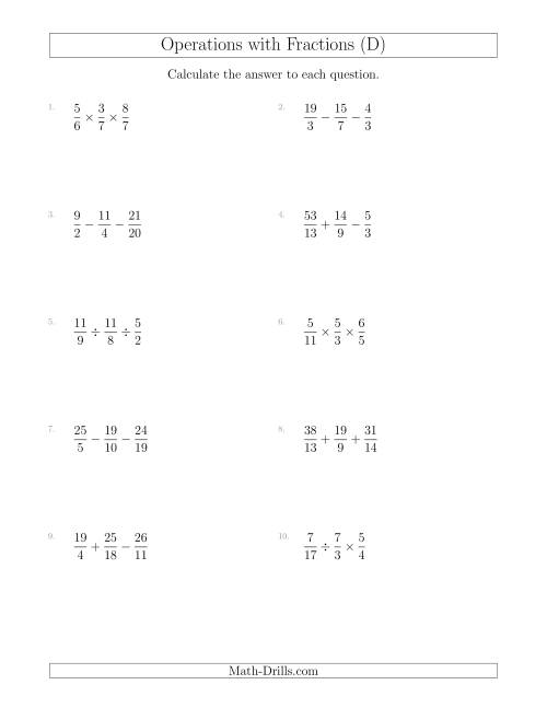 The Mixed Operations with Three Fractions Including Improper Fractions (D) Math Worksheet