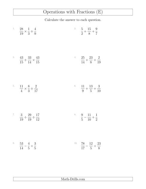 The Mixed Operations with Three Fractions Including Improper Fractions (E) Math Worksheet