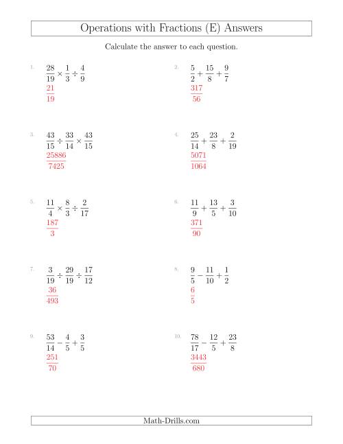 The Mixed Operations with Three Fractions Including Improper Fractions (E) Math Worksheet Page 2