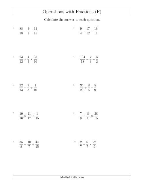The Mixed Operations with Three Fractions Including Improper Fractions (F) Math Worksheet