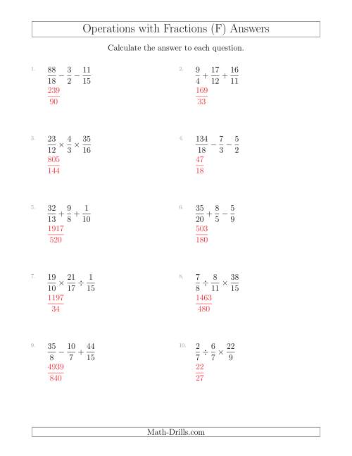 The Mixed Operations with Three Fractions Including Improper Fractions (F) Math Worksheet Page 2