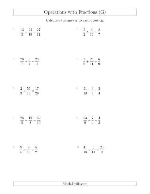 The Mixed Operations with Three Fractions Including Improper Fractions (G) Math Worksheet