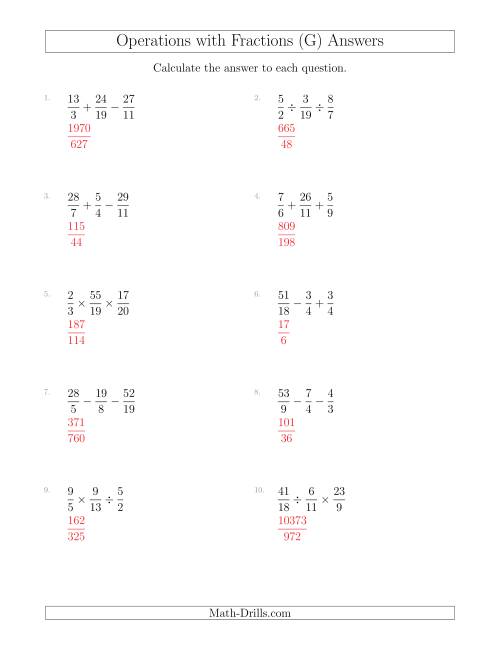 The Mixed Operations with Three Fractions Including Improper Fractions (G) Math Worksheet Page 2