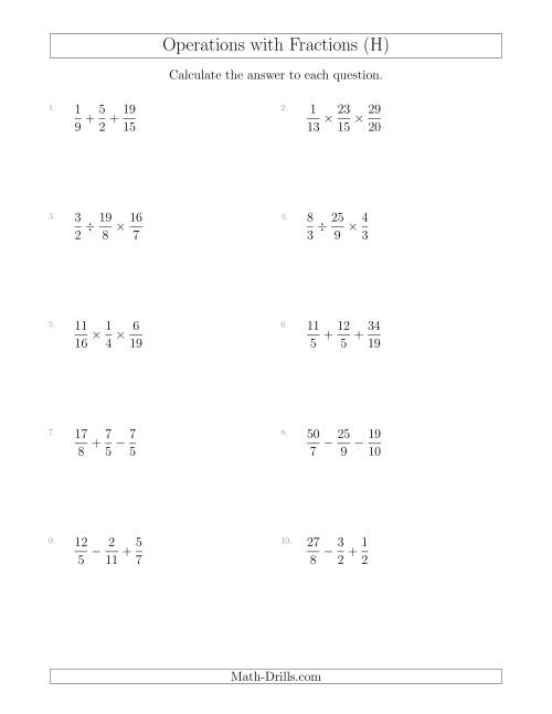 The Mixed Operations with Three Fractions Including Improper Fractions (H) Math Worksheet